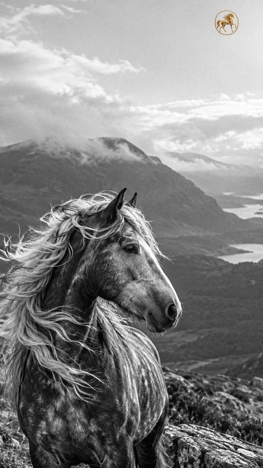 Un caballo de pelaje plateado con la crin larga al viento en las Tierras Altas de Escocia, en blanco y negro.