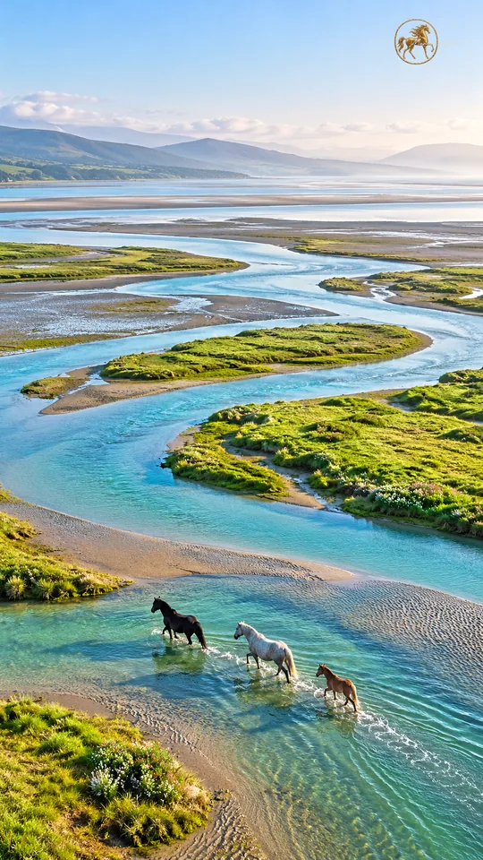Tres ponis libres caminan por los canales de un estuario de aguas turquesa.