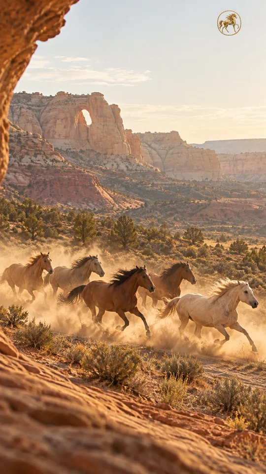 Cinco mustangs salvajes galopan por un cauce de arena bajo las formaciones de arenisca de Utah, vistos desde una abertura en la roca.