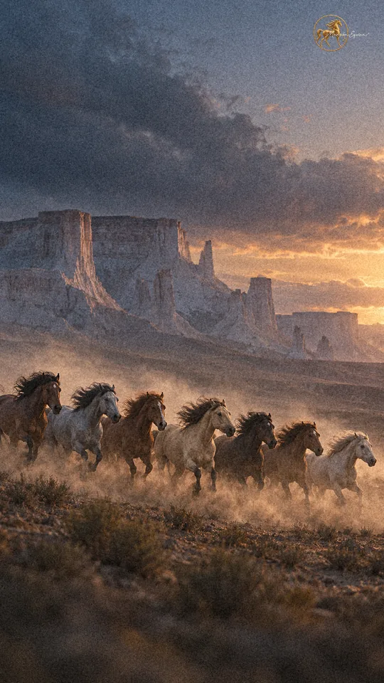 Siete caballos kazajos galopan juntos por una llanura bajo las enormes formaciones blancas de Bozjyra, en Kazajistán.