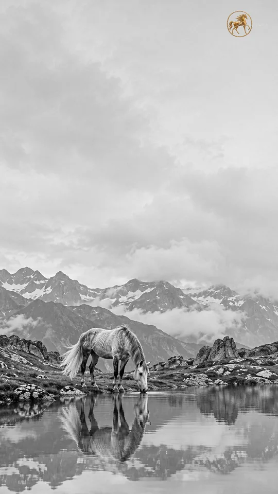 Un andaluz tordo baja el hocico hacia un lago de montaña quieto como un espejo, en blanco y negro.