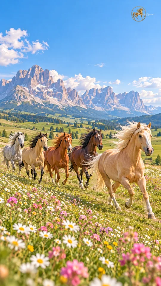 Cinco caballos galopan por un sendero entre prados de margaritas y flores rosadas frente a los Dolomitas.