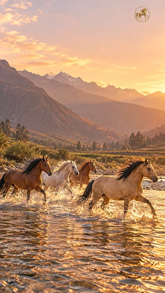 Cuatro caballos de paso peruano trotan libres por un brazo del río Vilcanota, en el Valle Sagrado de Perú.