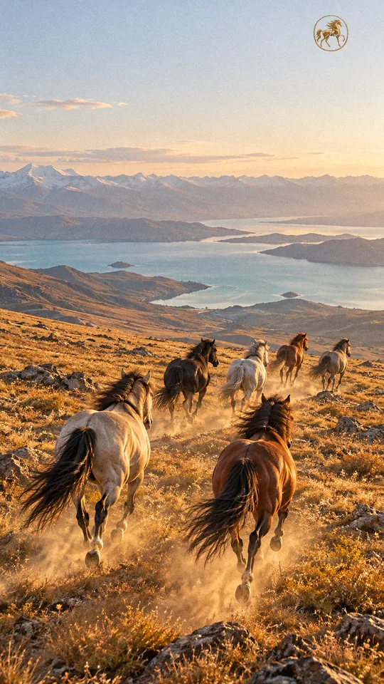 Seis caballos mongoles libres trotan por un paso de montaña sobre dos lagos del Altái.