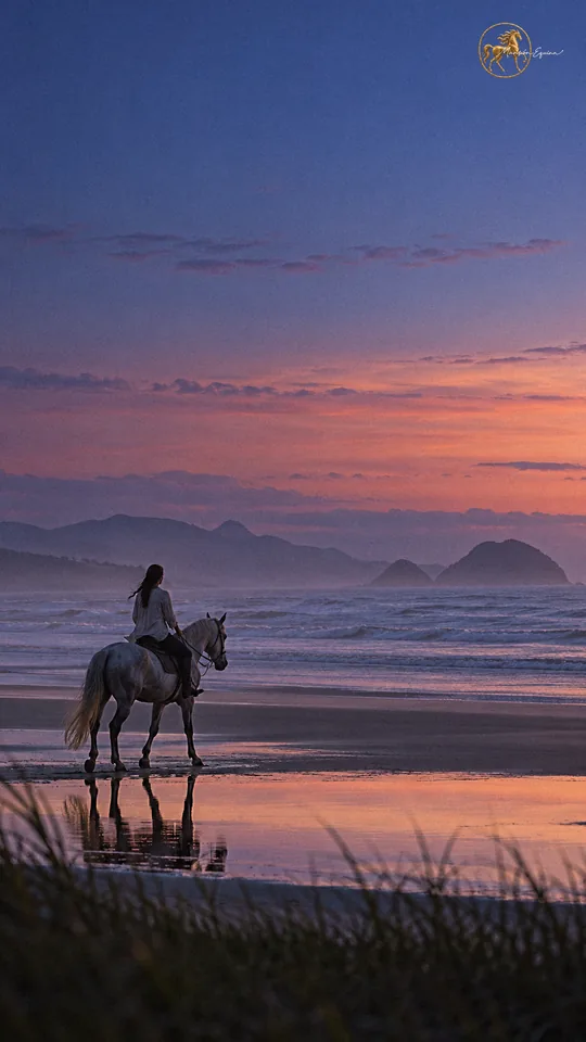 Una jinete en silueta cabalga al paso un mangalarga marchador tordo por una playa de Brasil después del atardecer.