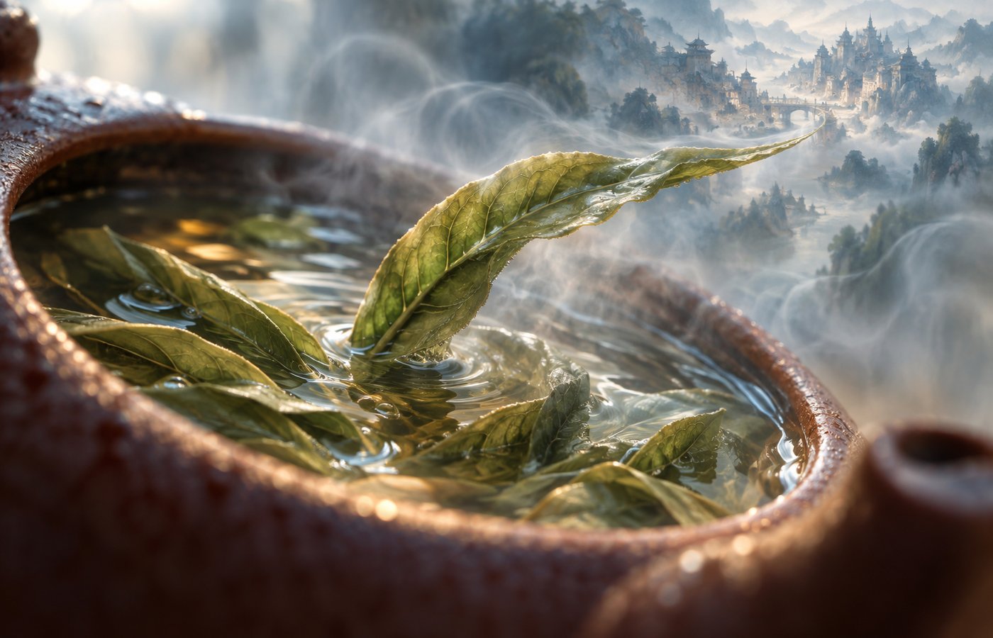 Hojas de té abriéndose en el agua caliente