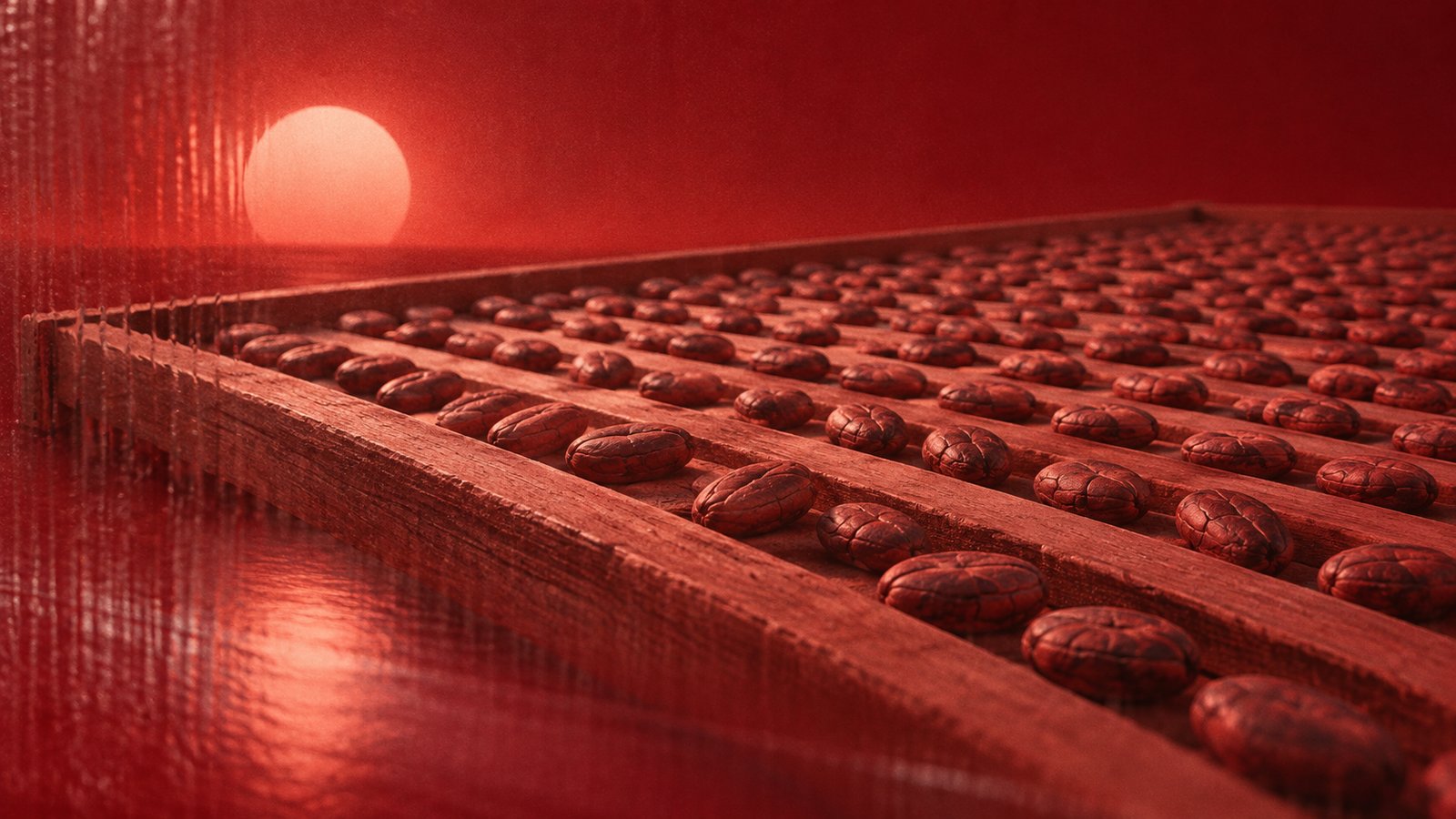 Granos de cacao secándose al sol sobre una tarima de madera