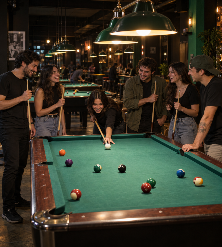 Interior de un bar de billar de noche: filas de mesas de pool con paño verde iluminadas por lámparas bajas, un grupo de amigos de veintitantos años riendo con tacos en la mano, paredes pintadas de negro con detalles verdes y luz cálida