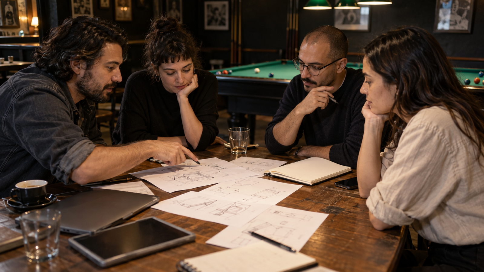 Equipo revisando ideas alrededor de una mesa