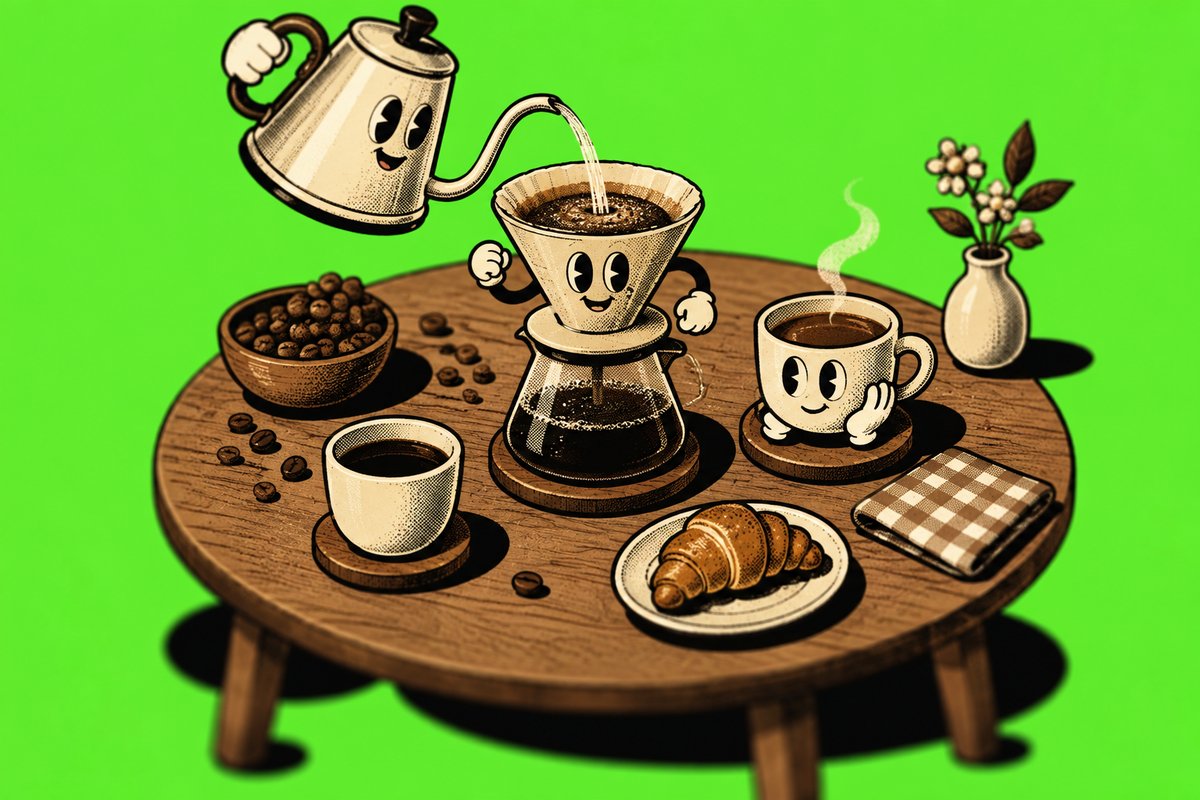 Persona preparando café filtrado junto a una máquina de espresso