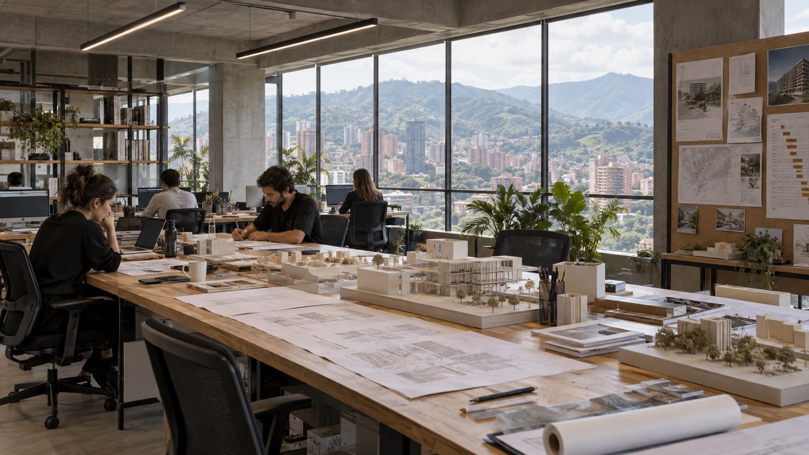 Oficina de un estudio de arquitectura en un piso alto: mesa larga de madera con maquetas blancas de cartón, planos extendidos y un tablero con cronograma de obra; ventanal amplio con vista a edificios y a las montañas de Medellín, luz natural de mañana