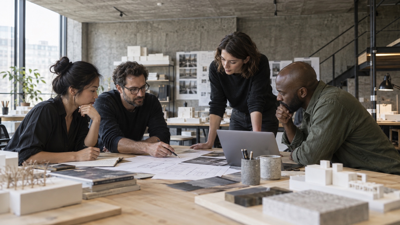 Equipo revisando ideas alrededor de una mesa