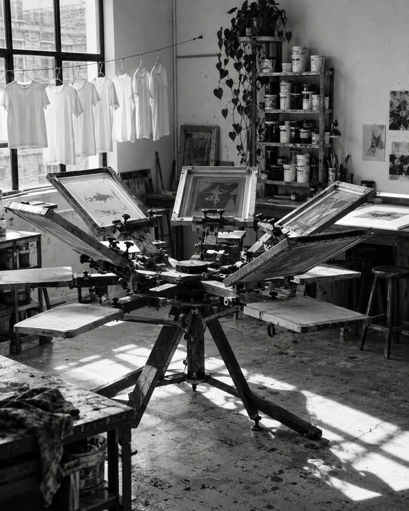 Interior de un taller de serigrafía: pulpo manual de seis brazos con pantallas montadas, camisetas blancas colgadas en un tendedero de alambre, mesa de luz al fondo y botes de tinta apilados en una repisa, luz dura de ventana lateral sobre una pared blanca, fotografía en blanco y negro de alto contraste