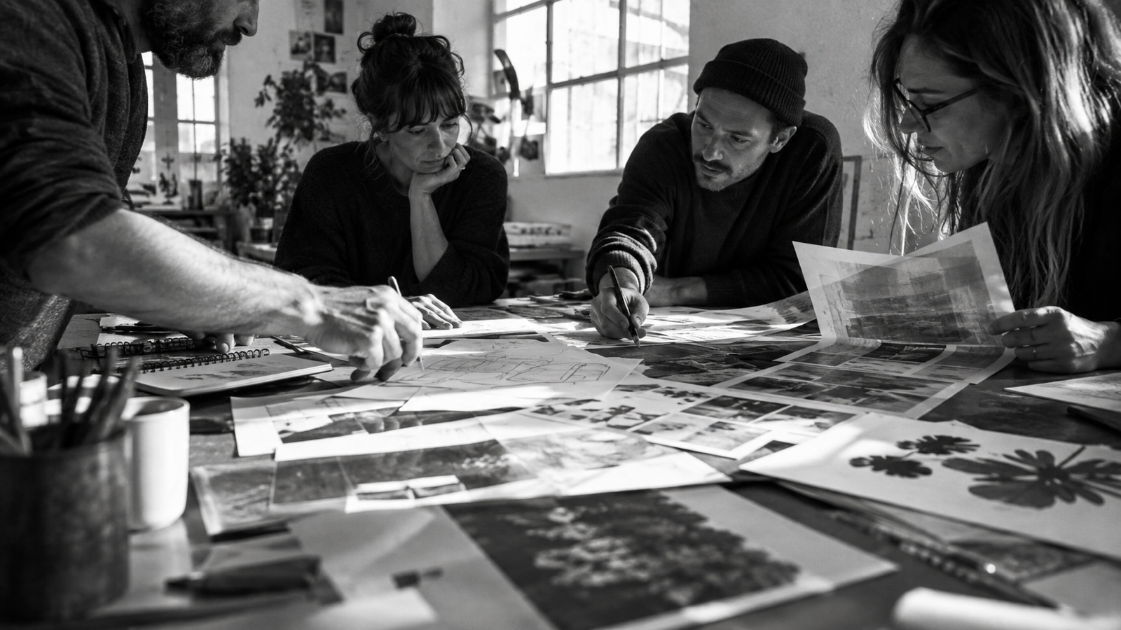 Equipo revisando ideas alrededor de una mesa