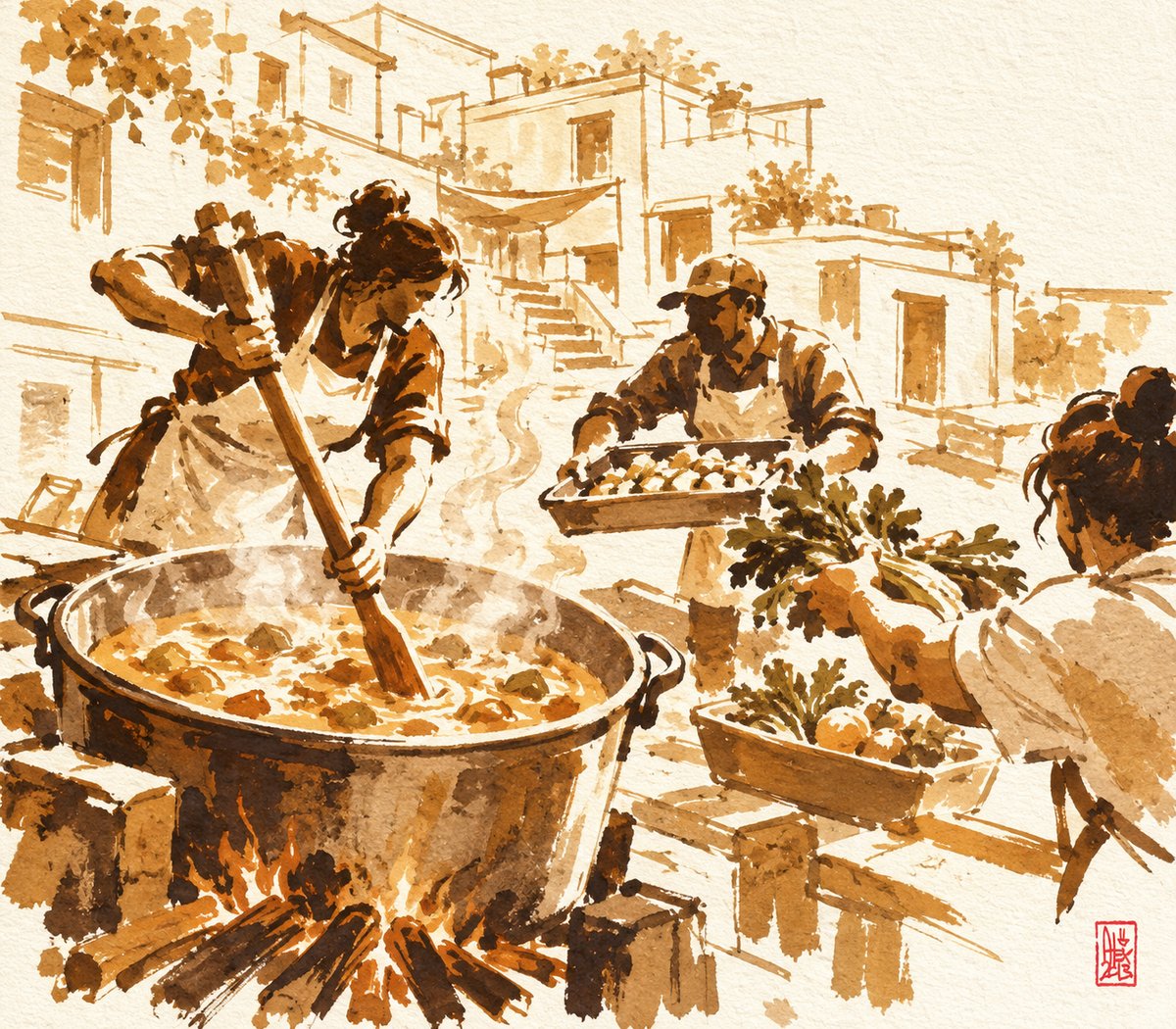 Vecinos cocinando juntos en una cocina comunitaria