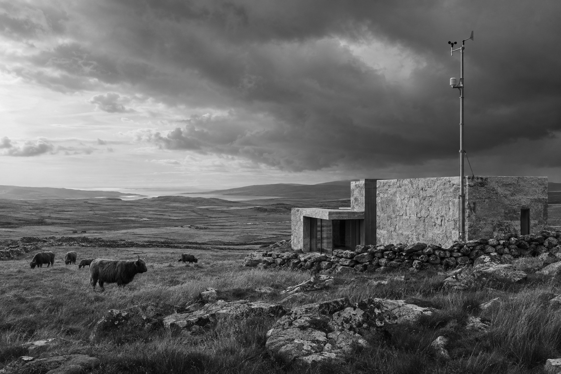 A wide feathered cloud sweeping across a deep blue sky above pale open grassland with animals gathered on the horizon