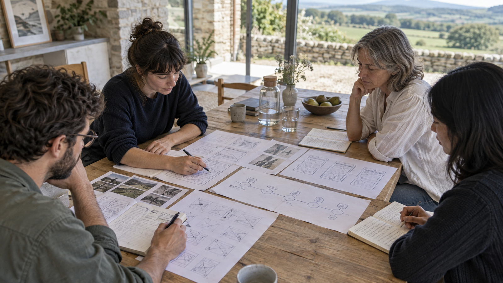 Equipo revisando ideas alrededor de una mesa