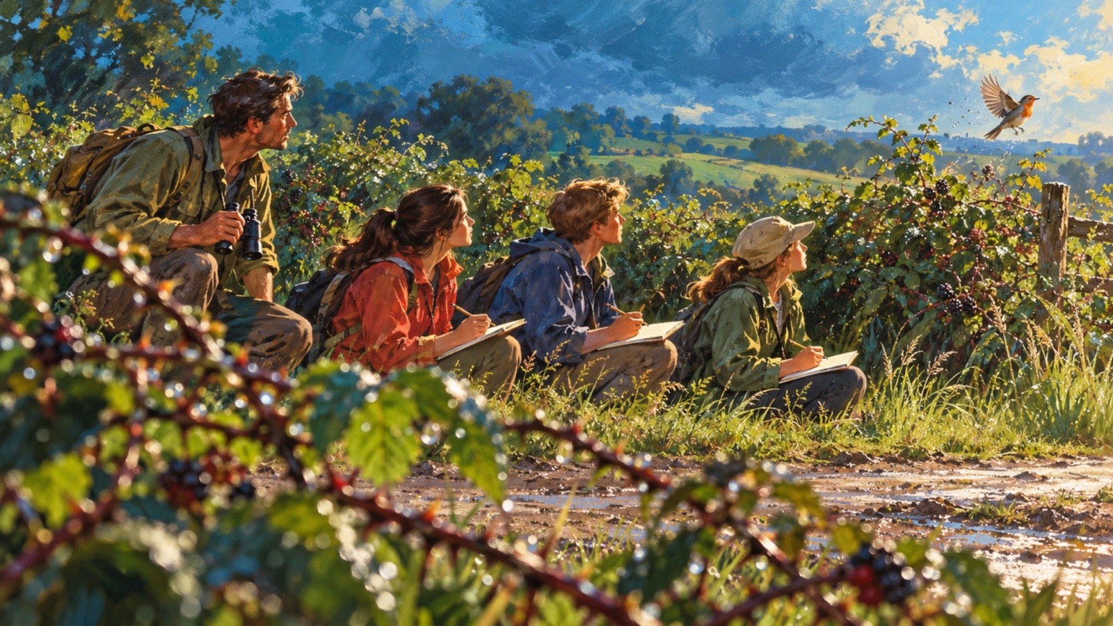 Grupo tomando notas junto a un sendero rural