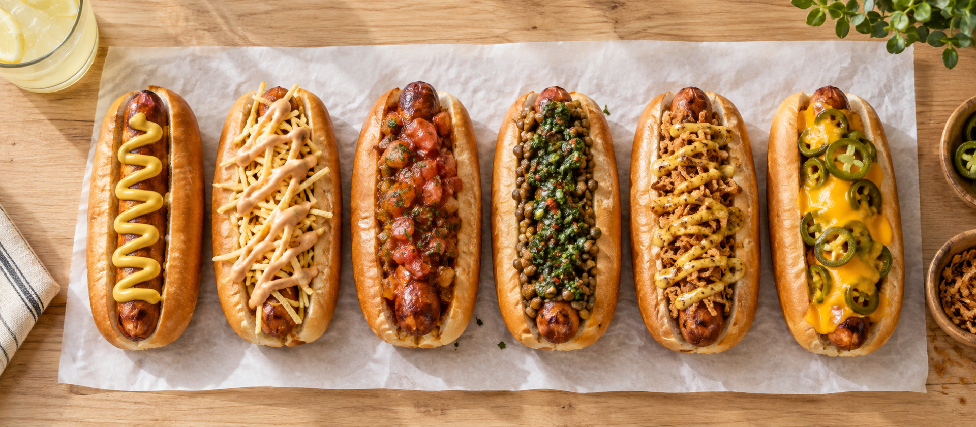 Seis perros calientes alineados en una fila horizontal sobre papel encerado blanco, fotografiados desde arriba con luz natural de mediodía; cada uno tiene un acabado distinto: mostaza amarilla, papa ripiada con salsa rosada, chorizo con hogao, lentejas con chimichurri, cebolla crocante con mostaza de miel y jalapeños con queso cheddar; mesa de madera clara y un vaso de limonada en una esquina