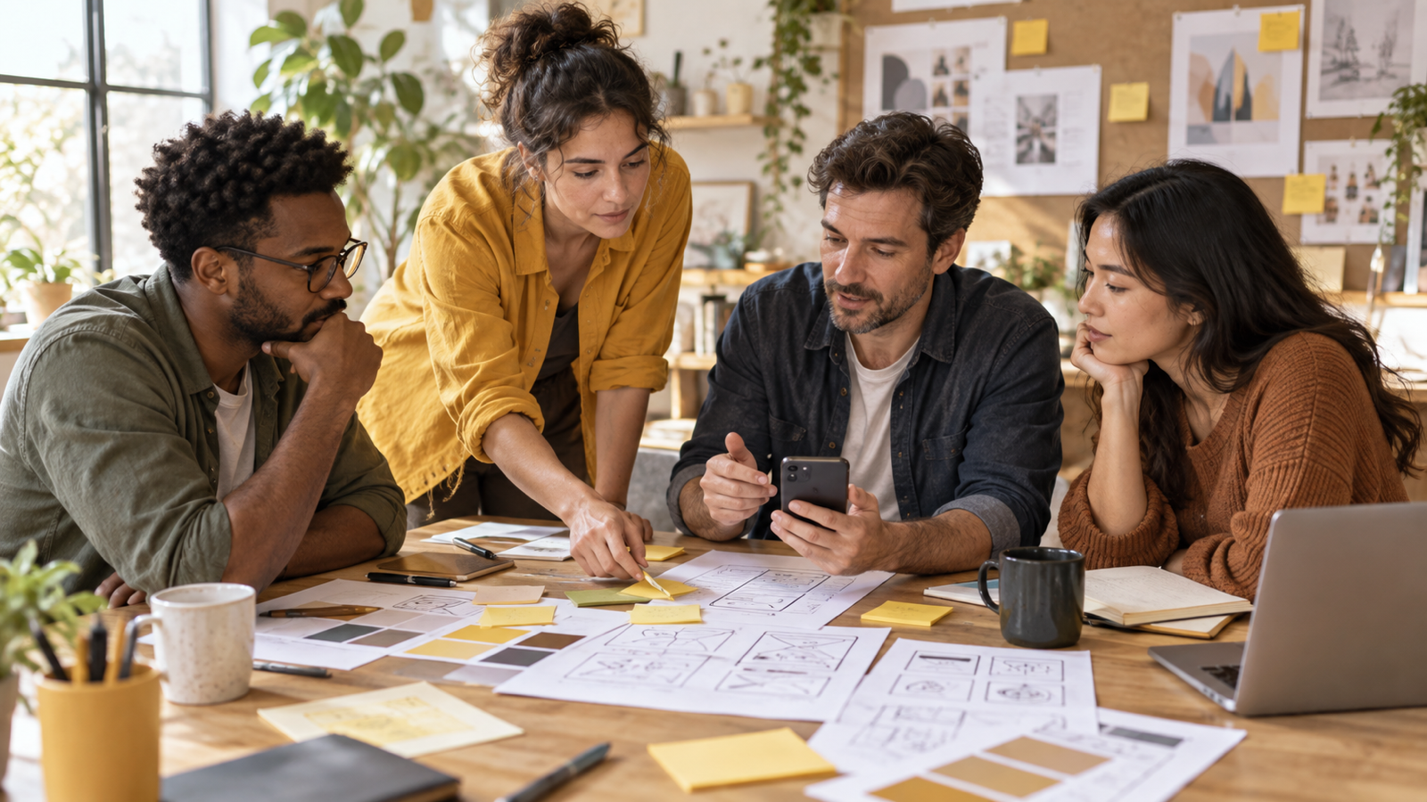 Equipo revisando ideas alrededor de una mesa