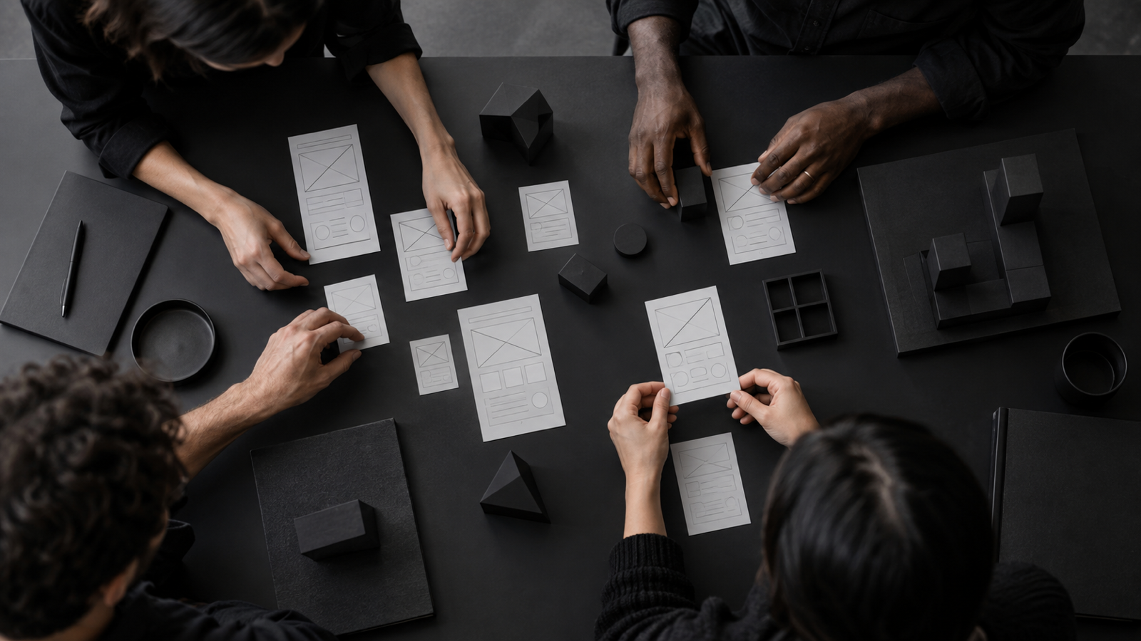 Equipo revisando ideas alrededor de una mesa