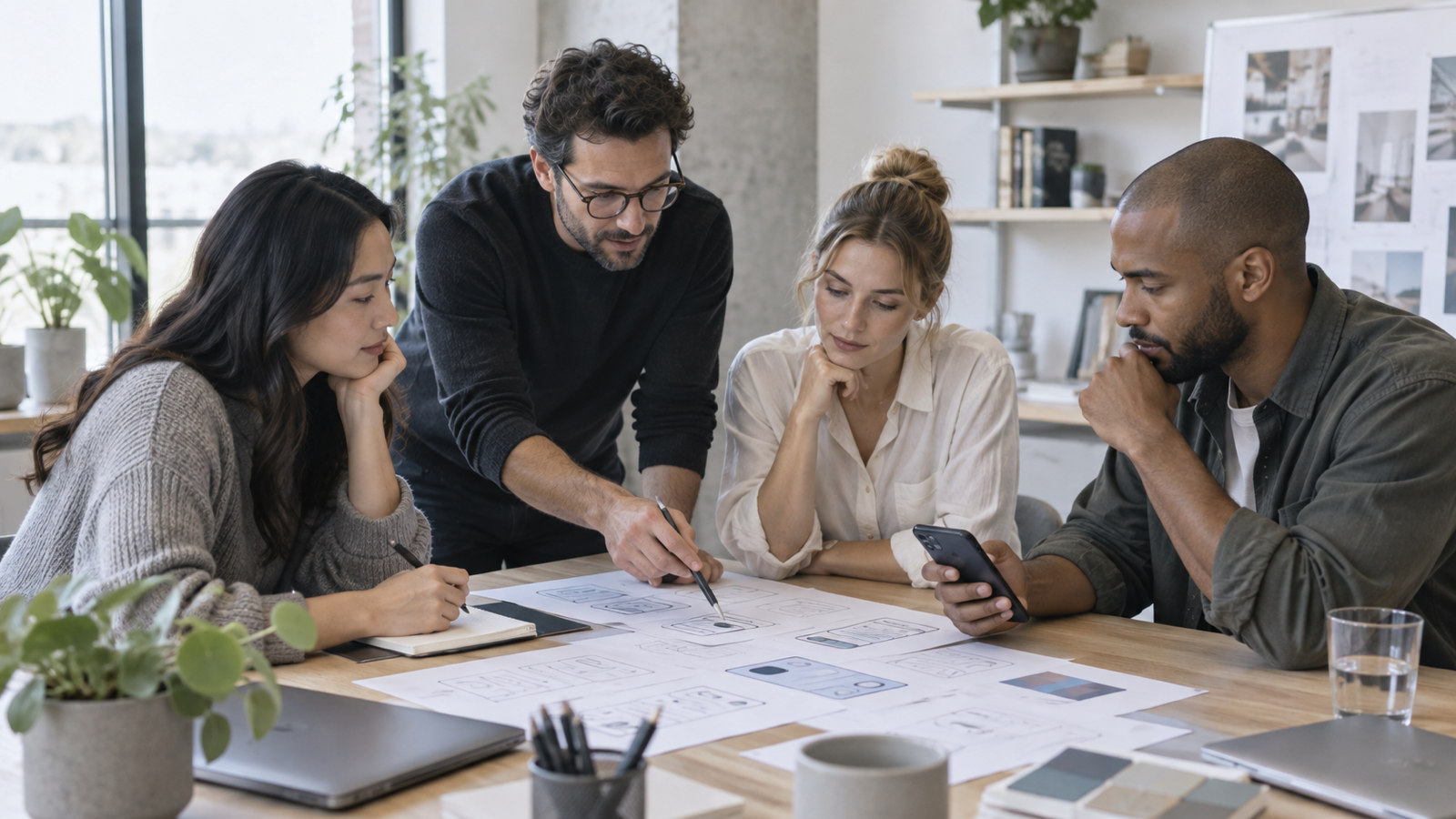 Equipo revisando ideas alrededor de una mesa
