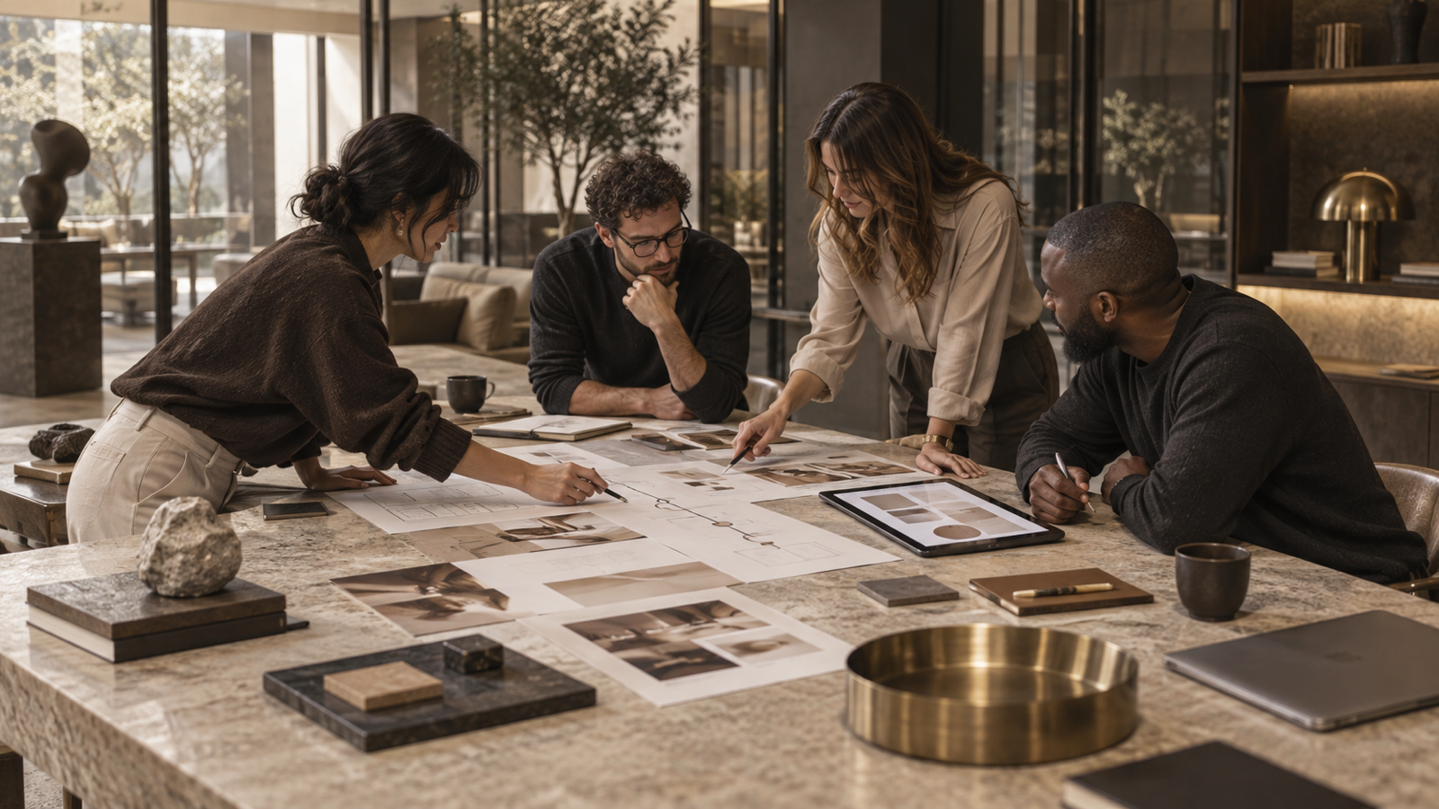 Equipo revisando ideas alrededor de una mesa