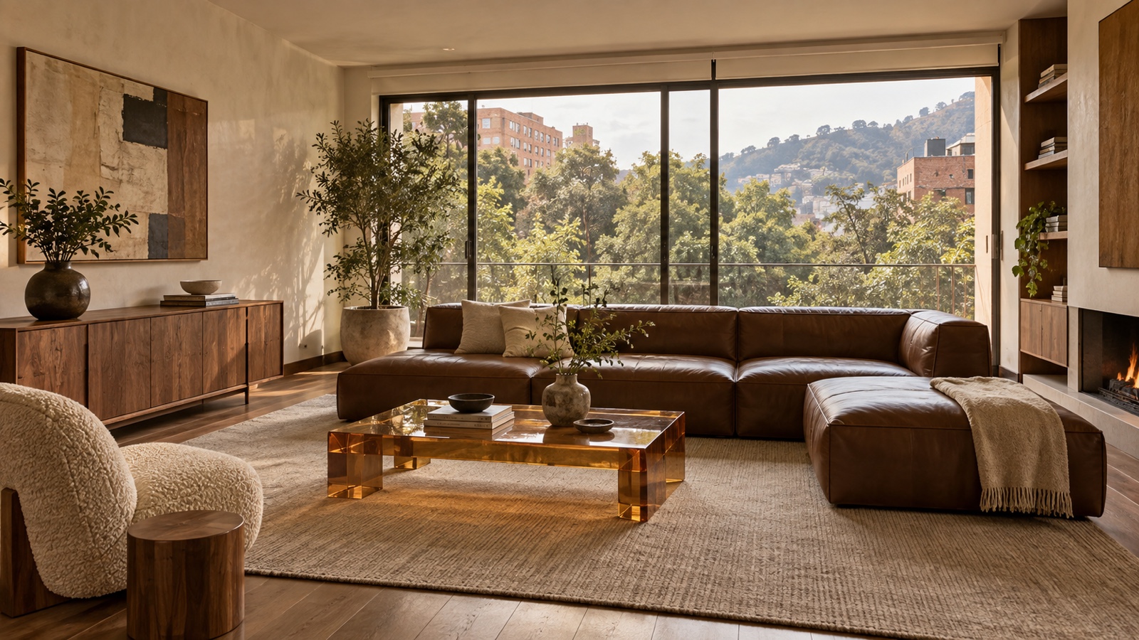 Sala de un apartamento en Rosales con sofá modular de cuero marrón, mesa de centro de acrílico ámbar y muebles de nogal, luz cálida natural y composición amplia