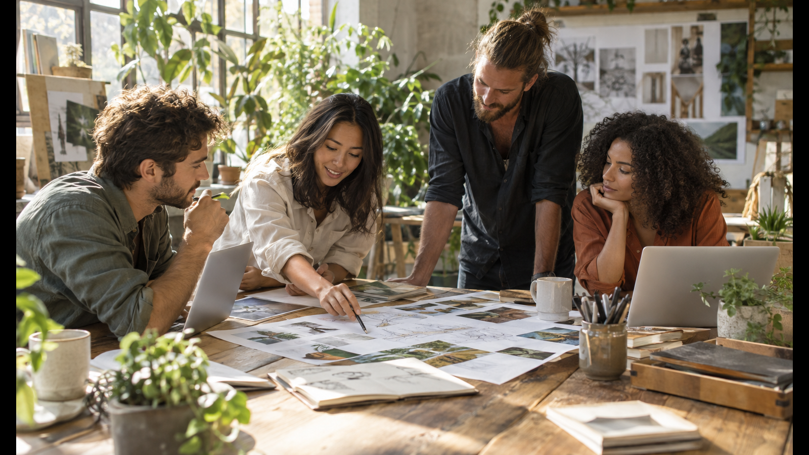 Equipo revisando ideas alrededor de una mesa