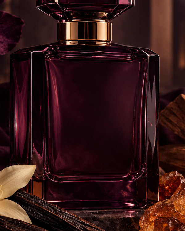 Perfume Splash en un frasco de vidrio ciruela con tapa y etiqueta negras, sobre fondo ciruela oscuro