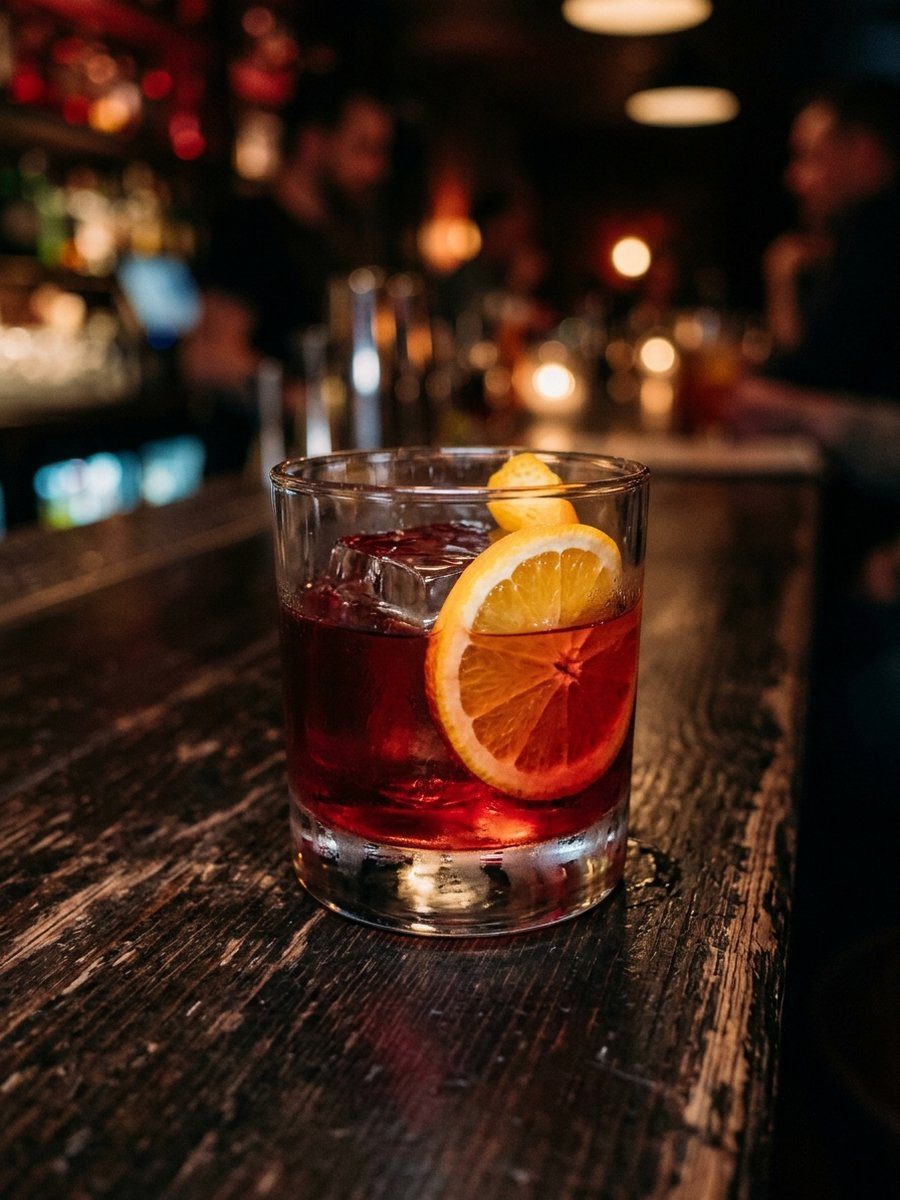 Copa de vermut rojo con hielo y una rodaja de naranja sobre una superficie negra mate, iluminada con luz dura lateral desde la izquierda que proyecta una sombra larga y nítida hacia la derecha; fondo negro liso, reflejos rojizos en el vidrio, encuadre vertical de producto
