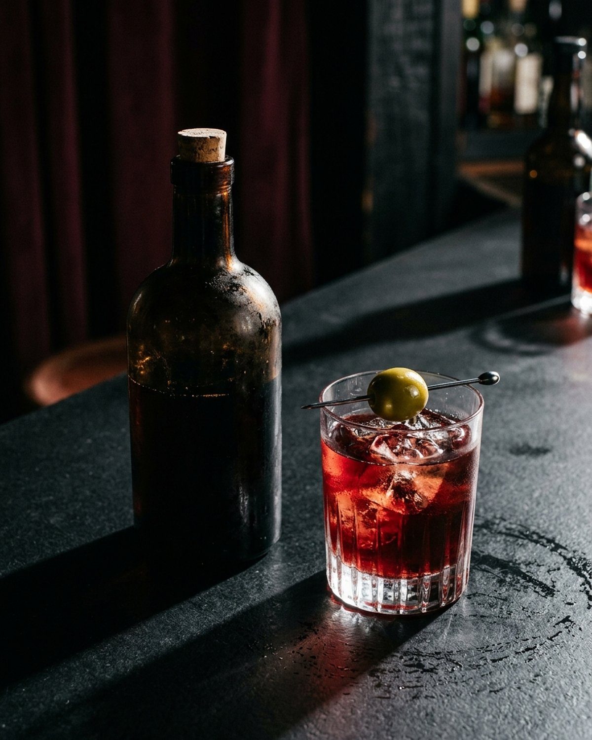 Botella oscura sin etiqueta junto a una copa de vermut rojo con hielo y una aceituna verde, sobre una superficie negra mate; luz dura cenital que proyecta sombras largas, fondo negro liso, encuadre vertical de producto