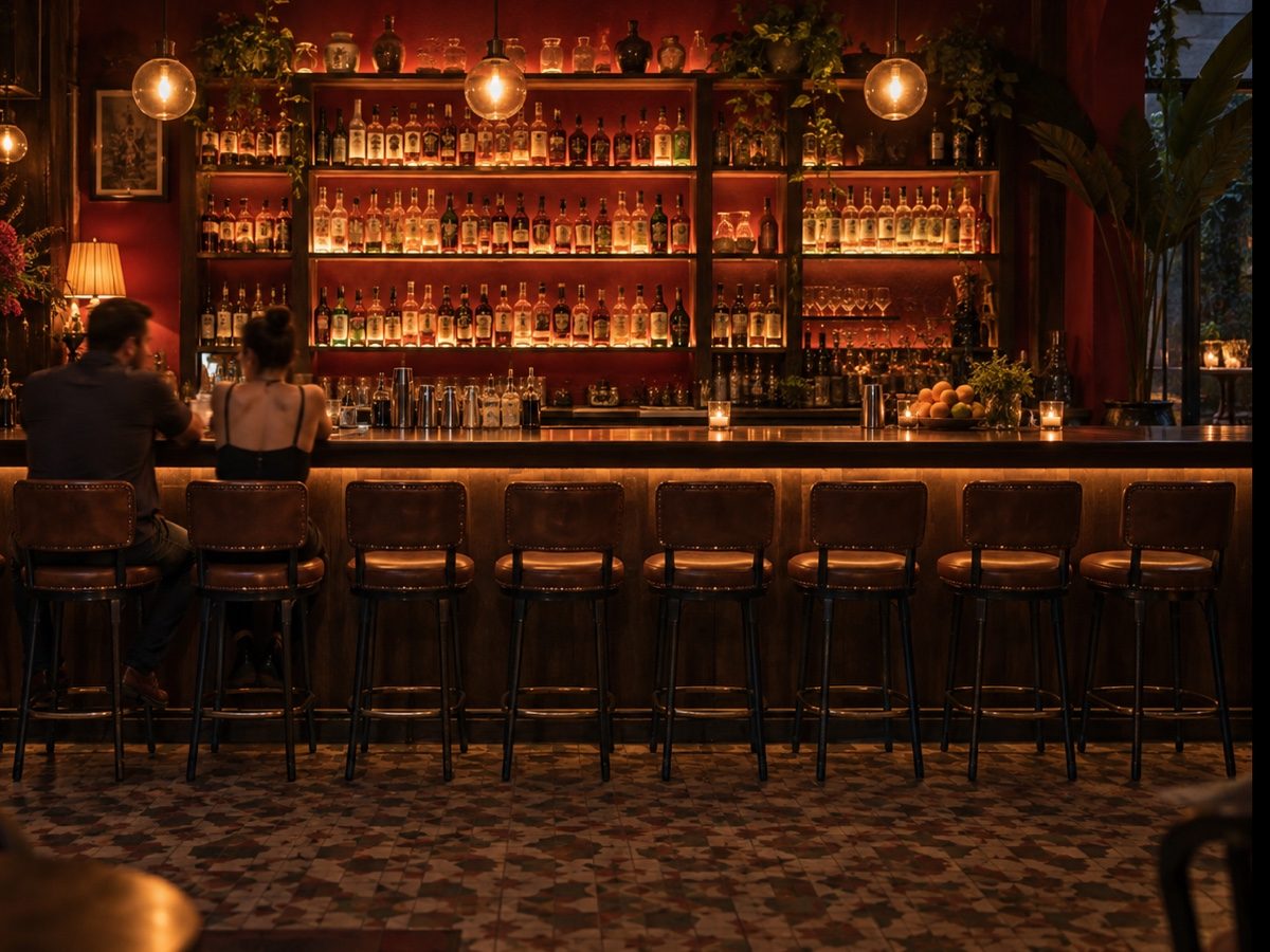 Interior de un bar de cócteles pequeño de noche: barra de madera oscura con nueve butacos de cuero, pared del fondo pintada de rojo burdeos con estantes de botellas iluminados con luz cálida, dos personas de espaldas en la barra, ambiente tenue, sin letreros legibles