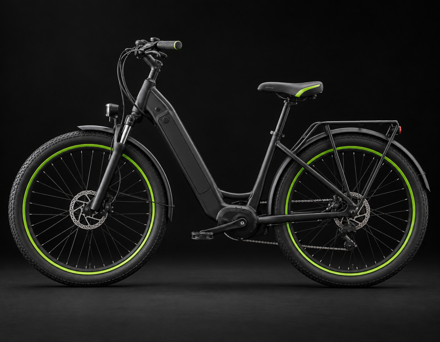 Bicicleta eléctrica urbana negra recortada de perfil, mirando a la izquierda, sobre fondo negro liso: cuadro bajo, llantas anchas, batería integrada en el tubo diagonal, aros y sillín con detalles verde lima, luz de estudio suave desde arriba que marca los bordes