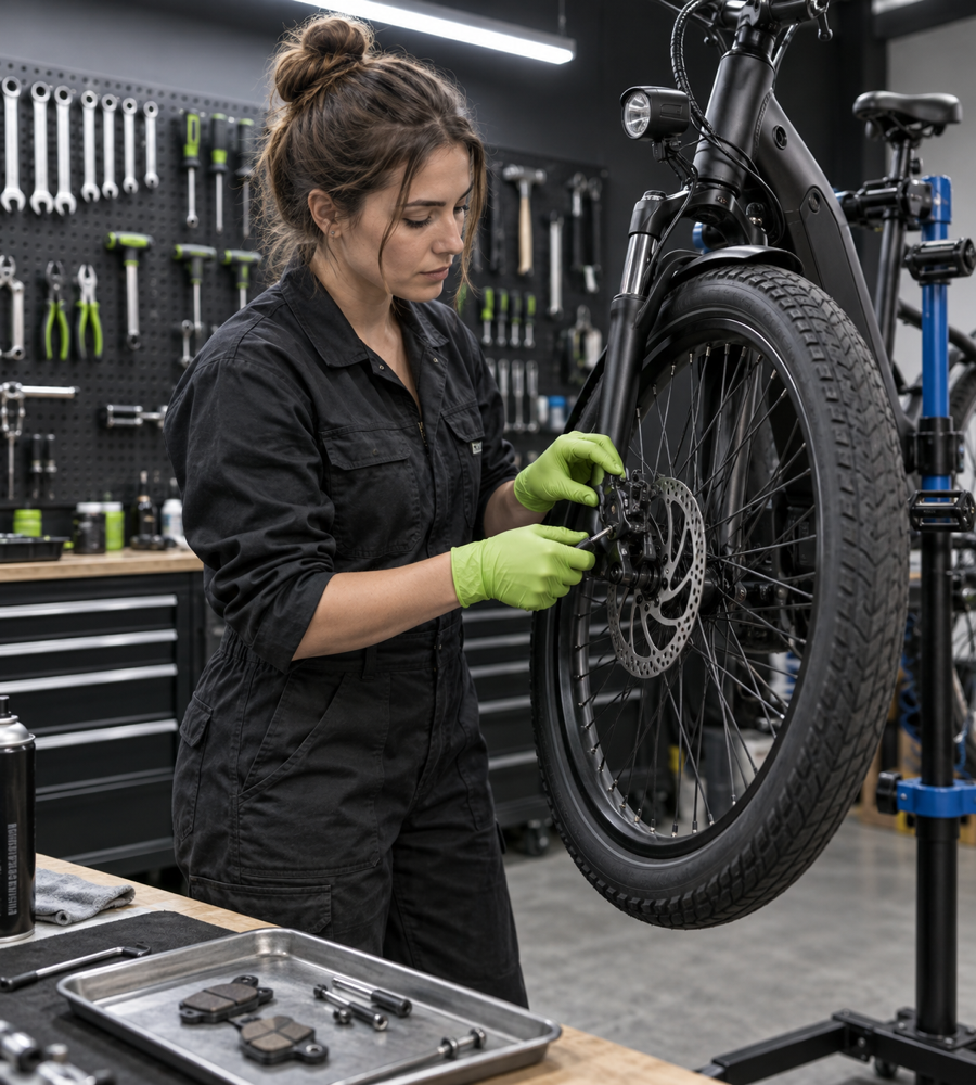 Técnica con overol negro y guantes verde lima cambiando las pastillas de freno de una bicicleta eléctrica montada en un soporte de taller, vista de medio cuerpo y de tres cuartos, pared negra con panel de herramientas ordenadas al fondo, luz blanca fría de lámpara de techo