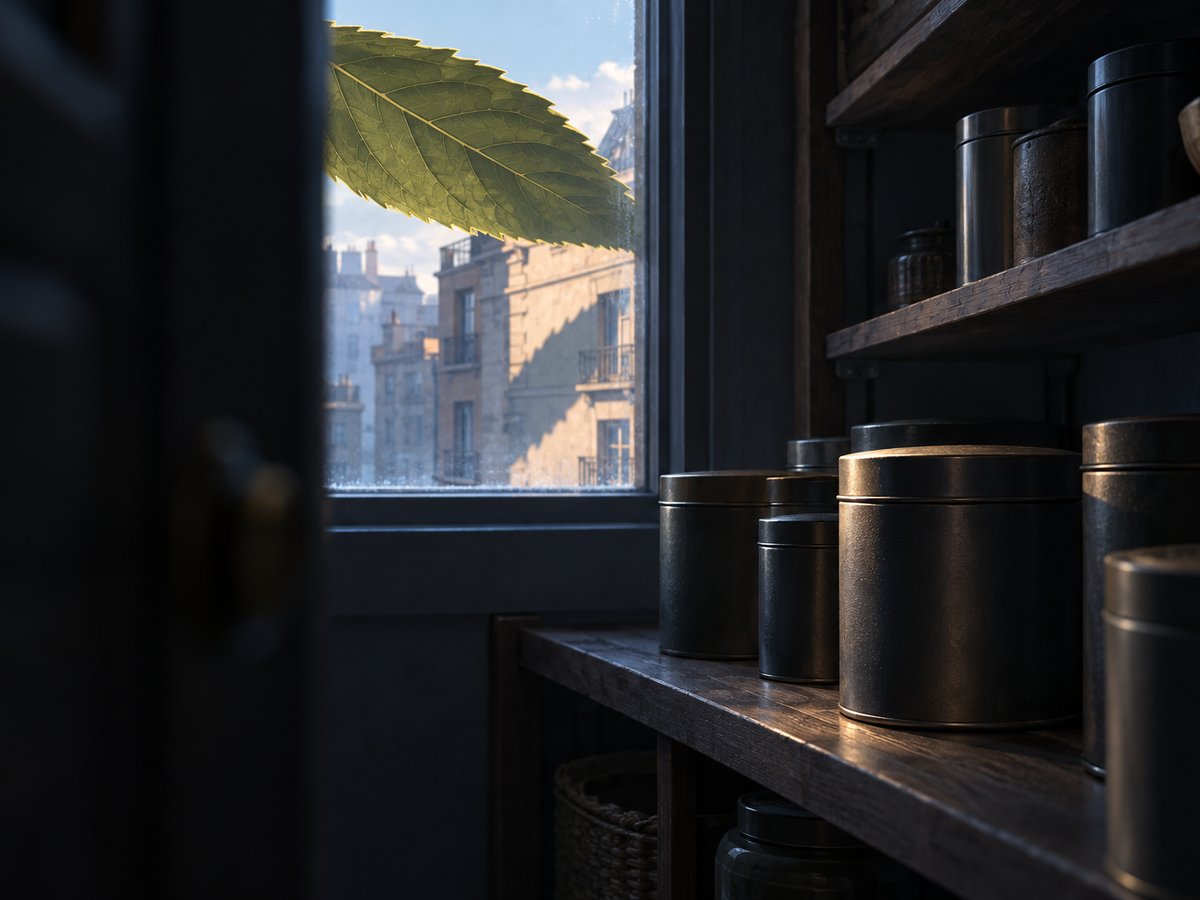 Tazas y hojas de té sobre una mesa de madera