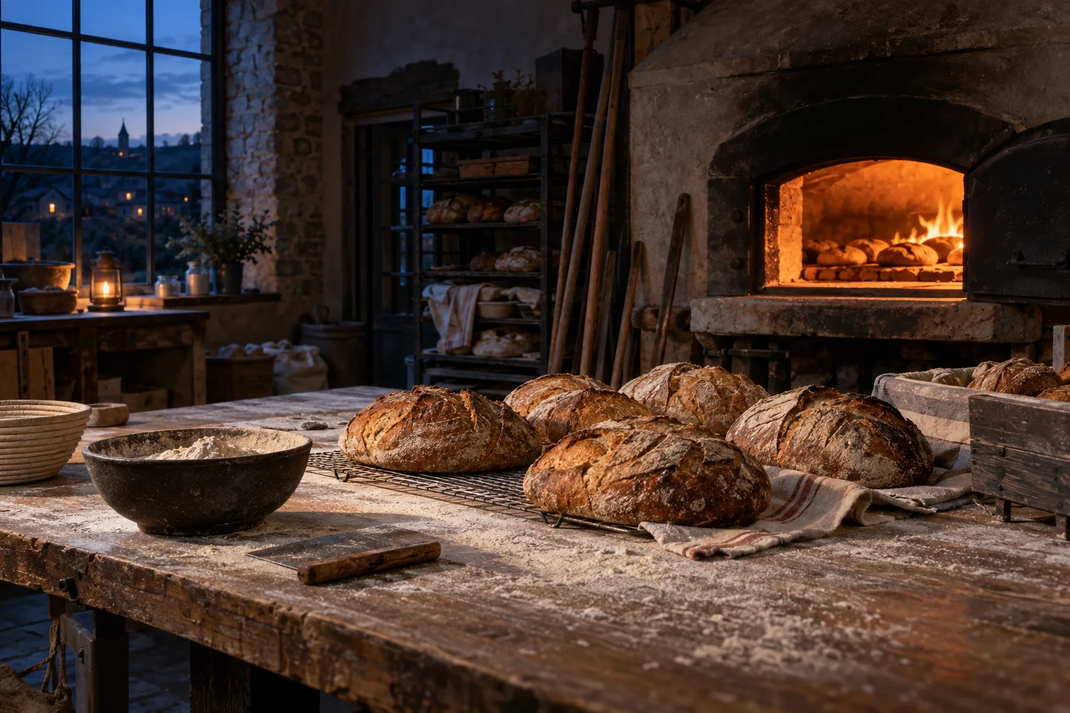 Horno encendido y mesa de trabajo con hogazas antes del amanecer