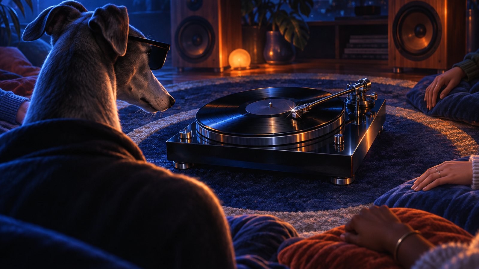 Grupo de personas escuchando un disco sentadas alrededor de un tocadiscos