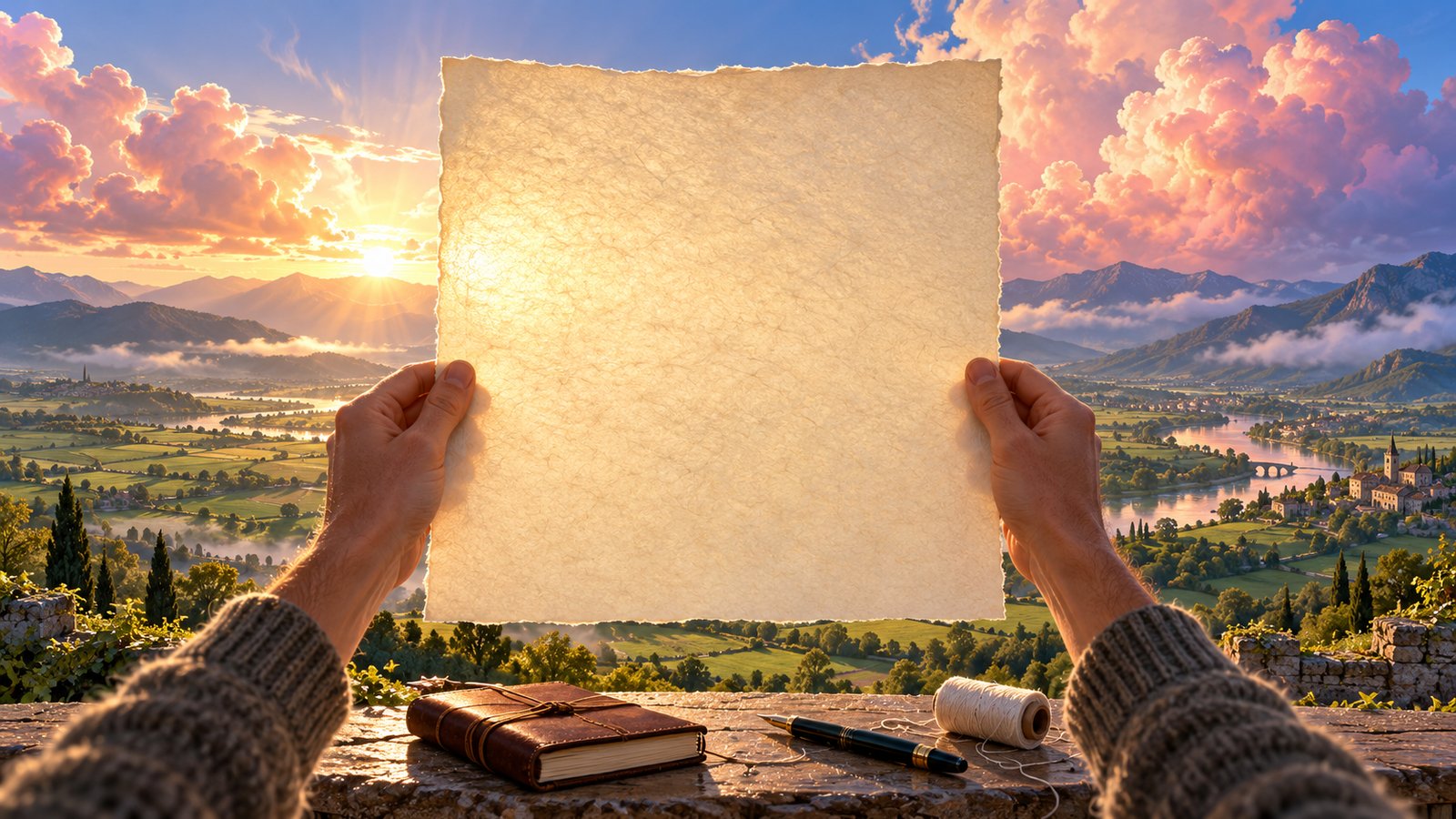 Pliegos de papel marfil y una estilográfica sobre un escritorio