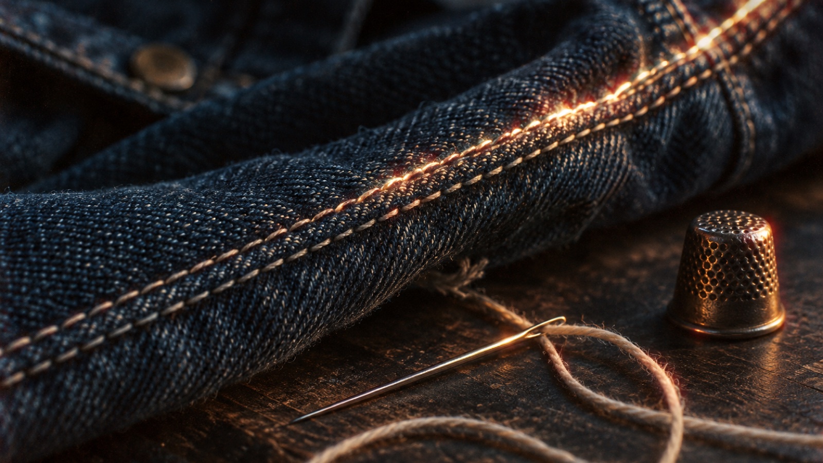 Costurera ajustando una chaqueta de jean sobre la mesa de corte del taller