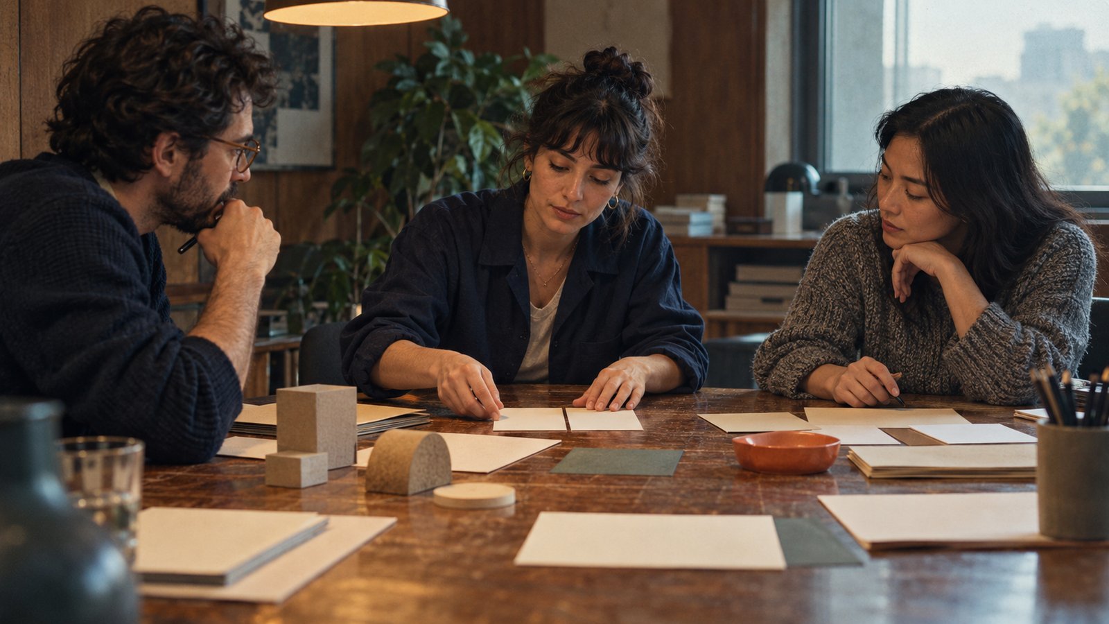 Equipo revisando ideas alrededor de una mesa
